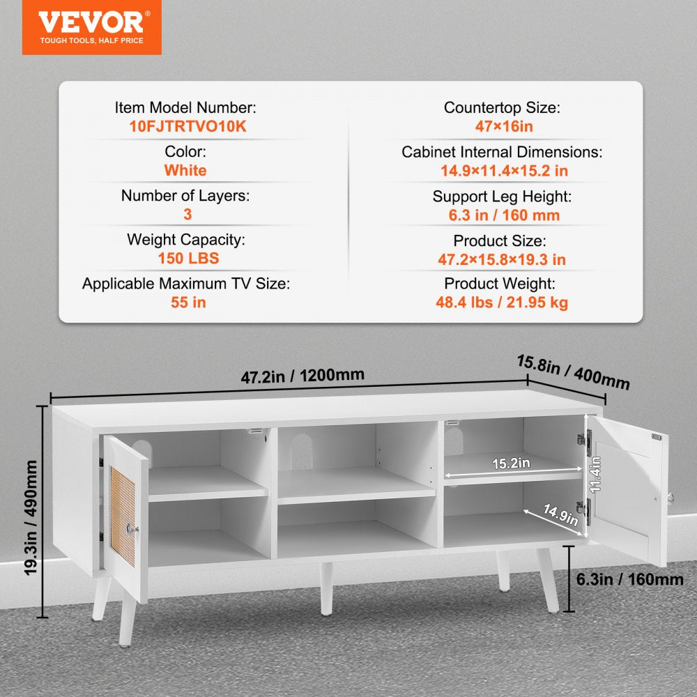 VEVOR Rattan TV Stand, Boho TV Cabinet for 55 inch TV, Mid Century Modern TV Stand, Rattan TV Console with Adjustable Shelfs for  Living Room, Media Room, White