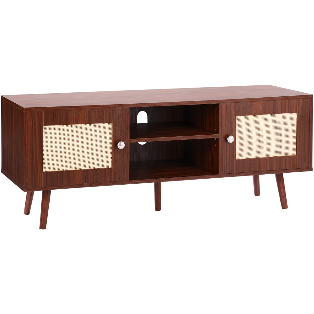 VEVOR Rattan TV Stand, Boho TV Cabinet for 55 inch TV, Mid Century Modern TV Stand, Rattan TV Console with Adjustable Shelfs for  Living Room, Media Room, Walnut