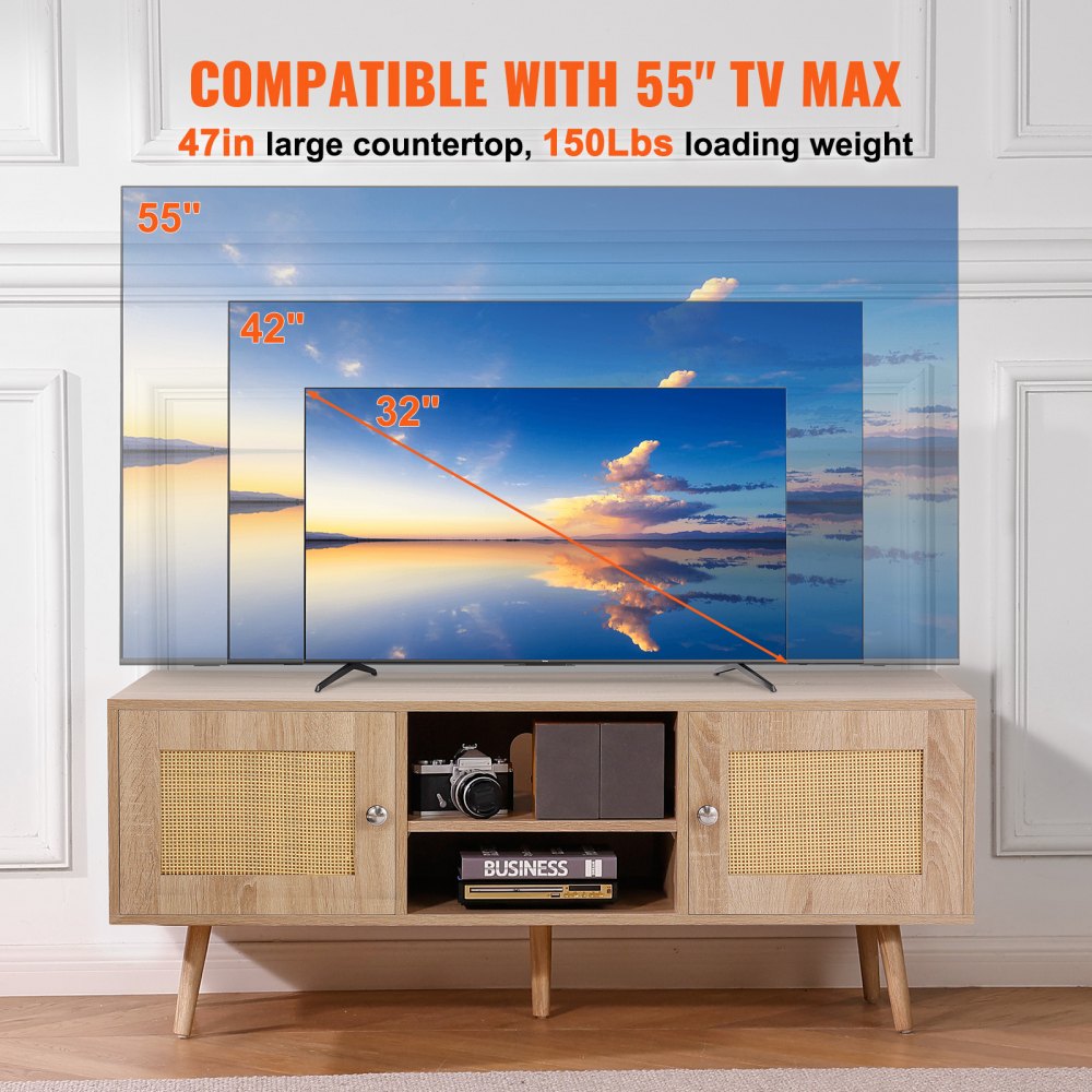 VEVOR Rattan TV Stand, Boho TV Cabinet for 55 inch TV, Mid Century Modern TV Stand, Rattan TV Console with Adjustable Shelfs for  Living Room, Media Room, Oak