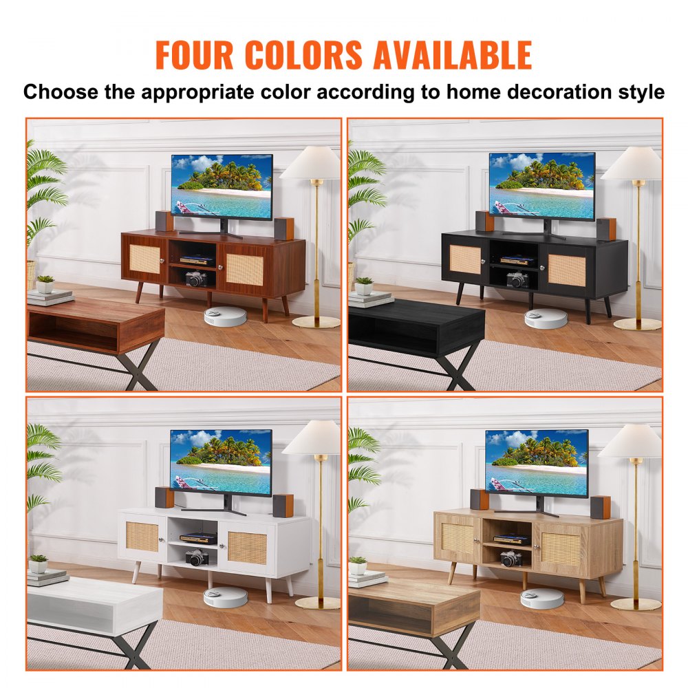 VEVOR Rattan TV Stand, Boho TV Cabinet for 55 inch TV, Mid Century Modern TV Stand, Rattan TV Console with Adjustable Shelfs for  Living Room, Media Room, Oak