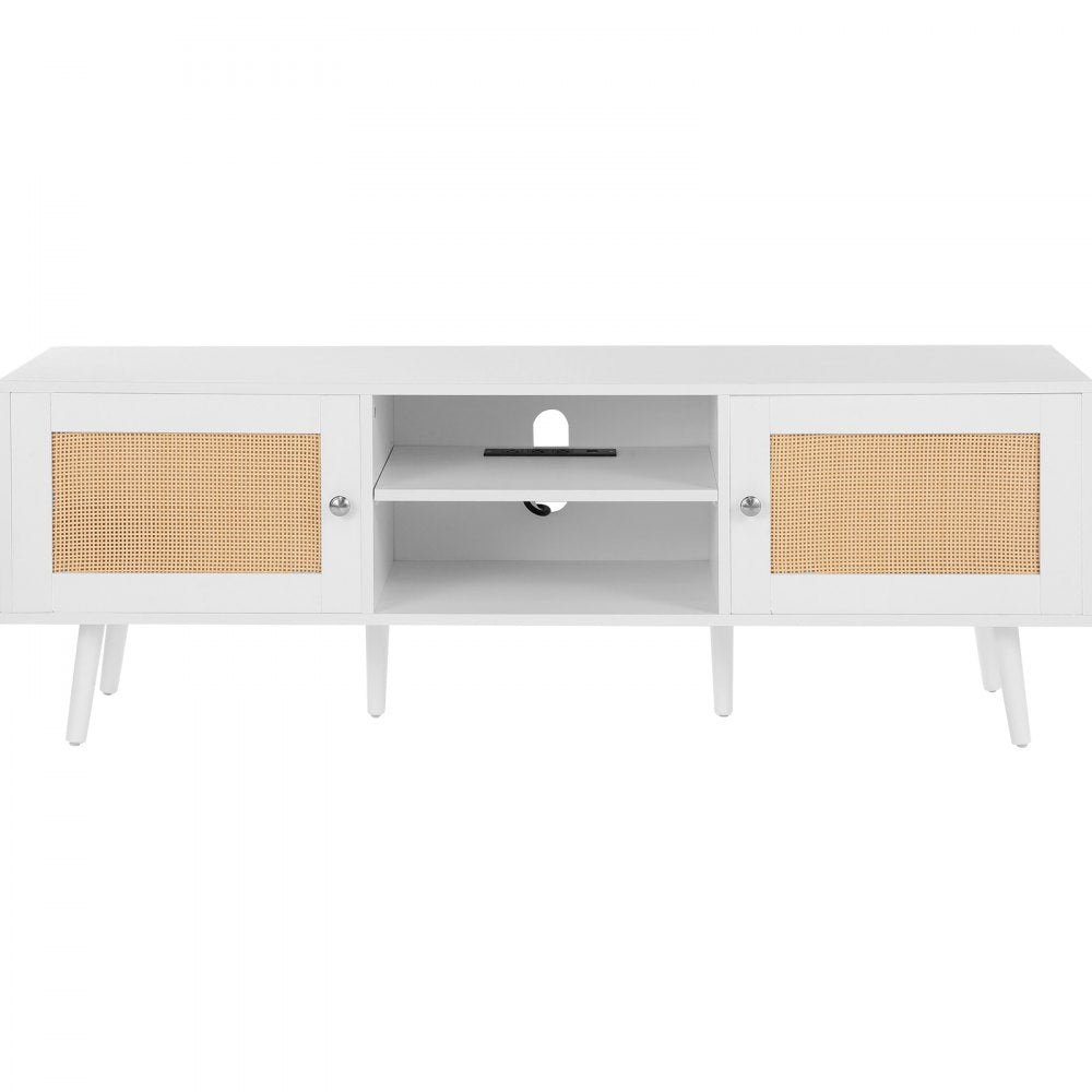 VEVOR Rattan TV Stand for 65 inch TV, Boho TV Stand with Rattan Door, Entertainment Center with Build-in Socket and USB Ports, Modern TV Console for Living Room, Media Room, White