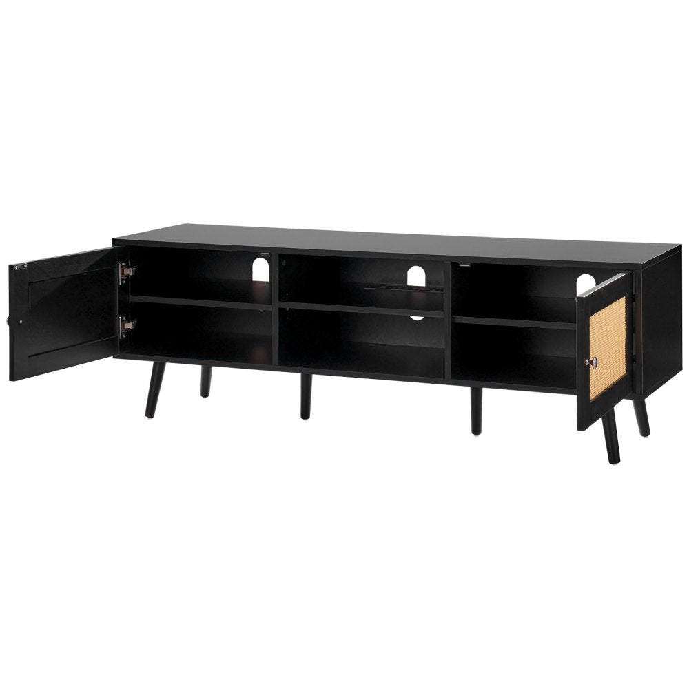 VEVOR Rattan TV Stand for 65 inch TV, Boho TV Stand with Rattan Door, Entertainment Center with Build-in Socket and USB Ports, Modern TV Console for Living Room, Media Room, Black