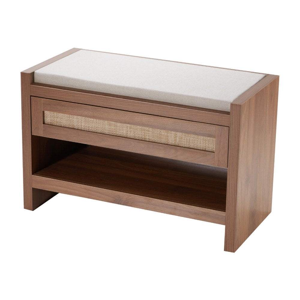 VEVOR Rattan Bench, 30.9" Rattan Shoe Bench, Entryway Bench with Storage Drawer and Linen Seat Cushion, Farmhouse Boho Bench with Hand Woven Rattan, for Entryway, Bedroom, Living Room, Kitchen
