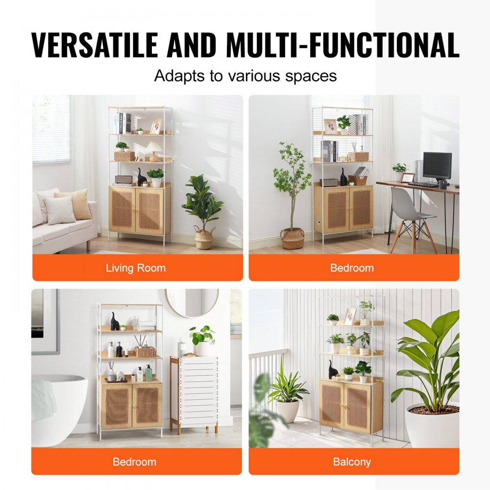 VEVOR Rattan Bookshelf, Ladder Shelf with 2 Doors, Rectangle Freestanding Open Storage Bookcase Rack Organizer, Storage Display Shelves Ideal for Library, Meeting Room, Office, Study, Natural