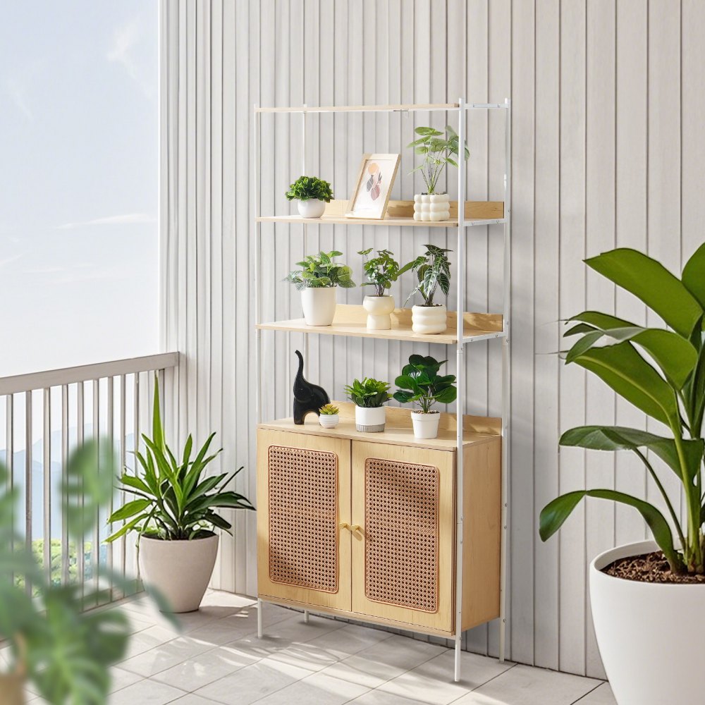 VEVOR Rattan Bookshelf, Ladder Shelf with 2 Doors, Rectangle Freestanding Open Storage Bookcase Rack Organizer, Storage Display Shelves Ideal for Library, Meeting Room, Office, Study, Natural