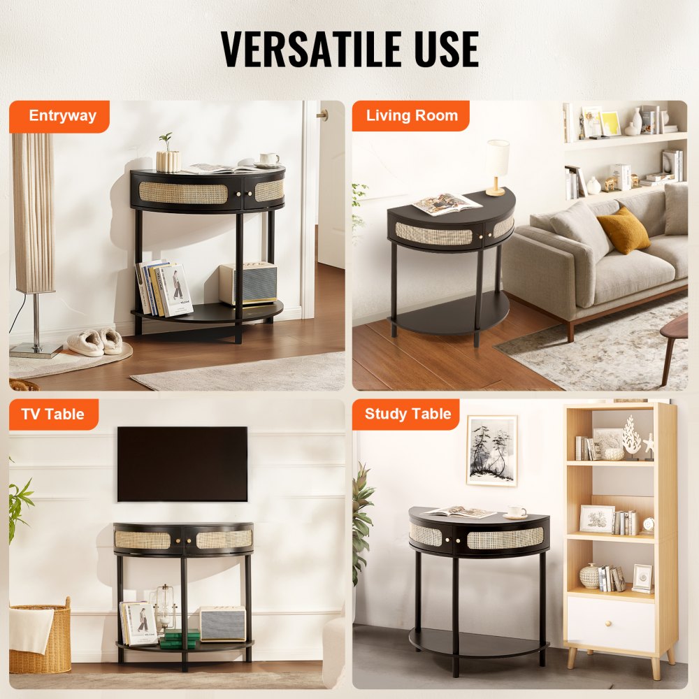 VEVOR Half-moon Rattan Console Table with 2 Drawers, Rattan Entryway Table with Natural Rattan Sliding Door, Console Table with Storage for Living Room, Study, Entryway Or TV Wall, Black