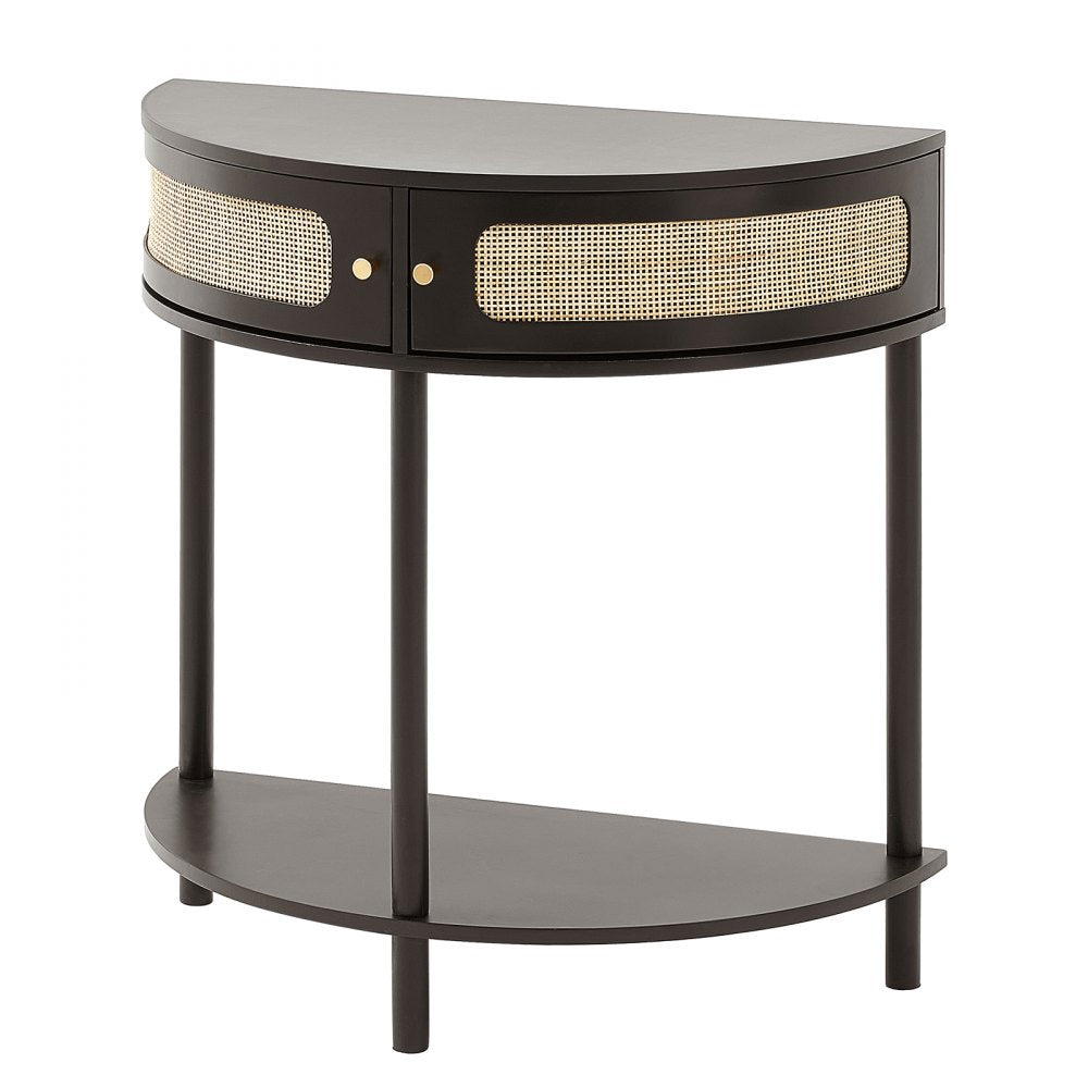 VEVOR Half-moon Rattan Console Table with 2 Drawers, Rattan Entryway Table with Natural Rattan Sliding Door, Console Table with Storage for Living Room, Study, Entryway Or TV Wall, Black