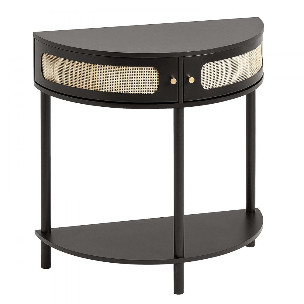 VEVOR Half-moon Rattan Console Table with 2 Drawers, Rattan Entryway Table with Natural Rattan Sliding Door, Console Table with Storage for Living Room, Study, Entryway Or TV Wall, Black