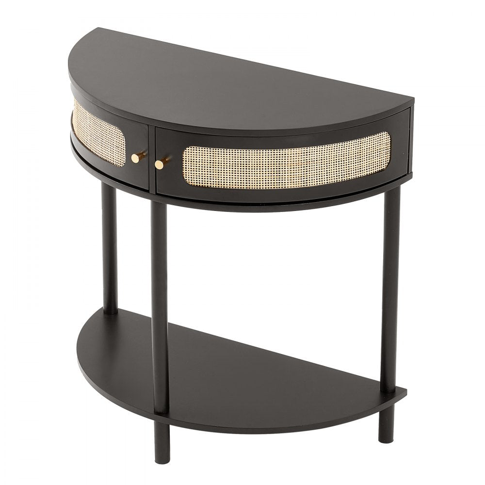 VEVOR Half-moon Rattan Console Table with 2 Drawers, Rattan Entryway Table with Natural Rattan Sliding Door, Console Table with Storage for Living Room, Study, Entryway Or TV Wall, Black