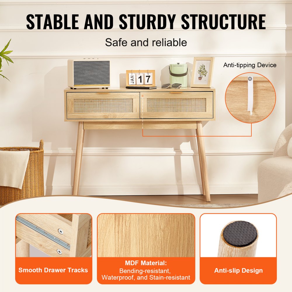 VEVOR Rattan Console Table with 2 Storage Drawers, Rattan Entryway Table with Natural Rattan Sliding Door, Console Sofa Table for Living Room, Study, Entryway Or TV Wall, Natural