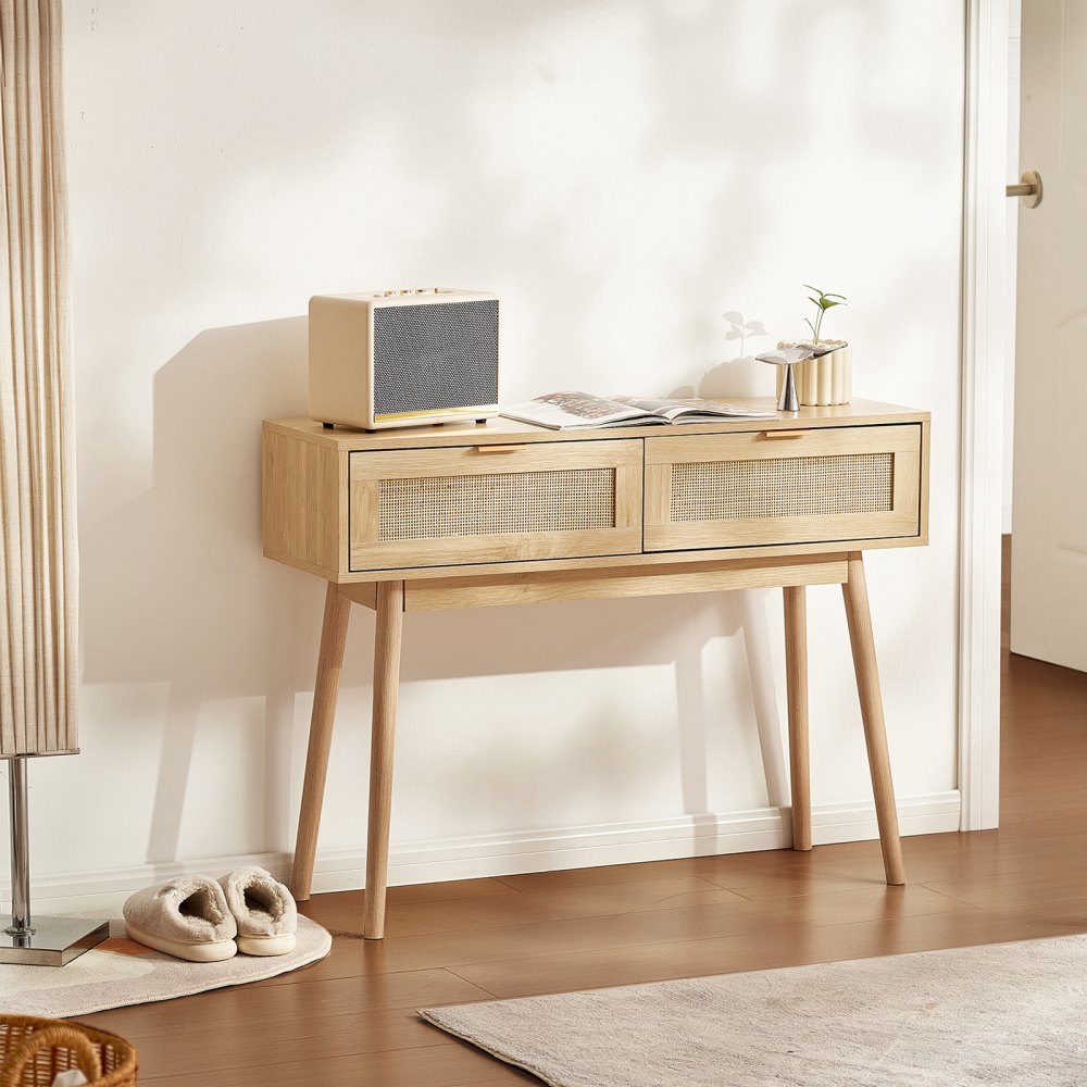 VEVOR Rattan Console Table with 2 Storage Drawers, Rattan Entryway Table with Natural Rattan Sliding Door, Console Sofa Table for Living Room, Study, Entryway Or TV Wall, Natural