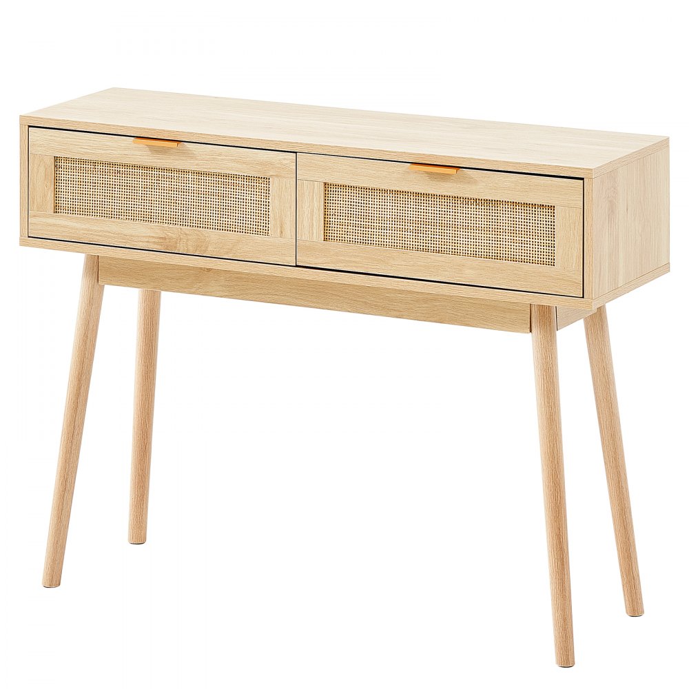 VEVOR Rattan Console Table with 2 Storage Drawers, Rattan Entryway Table with Natural Rattan Sliding Door, Console Sofa Table for Living Room, Study, Entryway Or TV Wall, Natural
