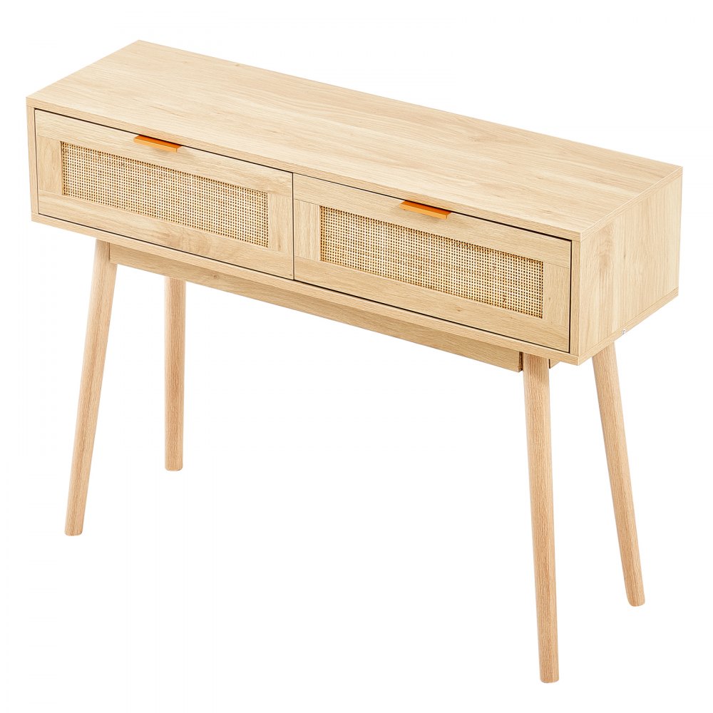 VEVOR Rattan Console Table with 2 Storage Drawers, Rattan Entryway Table with Natural Rattan Sliding Door, Console Sofa Table for Living Room, Study, Entryway Or TV Wall, Natural