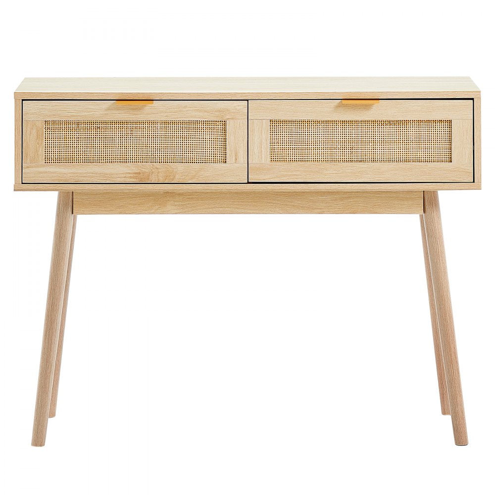 VEVOR Rattan Console Table with 2 Storage Drawers, Rattan Entryway Table with Natural Rattan Sliding Door, Console Sofa Table for Living Room, Study, Entryway Or TV Wall, Natural