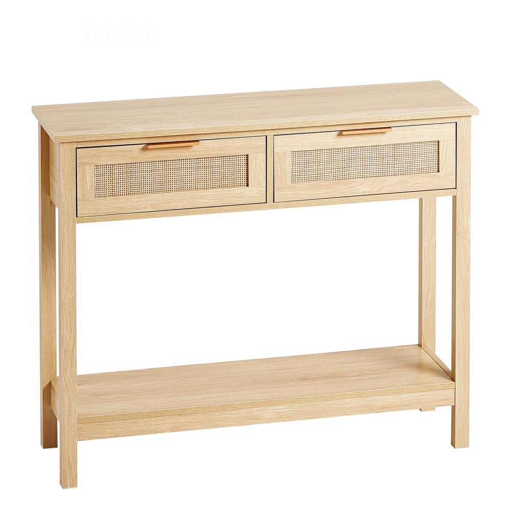 VEVOR Rattan Console Table with 2 Storage Drawers, Rattan Entryway Table with Natural Rattan Sliding Door, Console Sofa Table for Living Room, Study, Entryway Or TV Wall, Natural