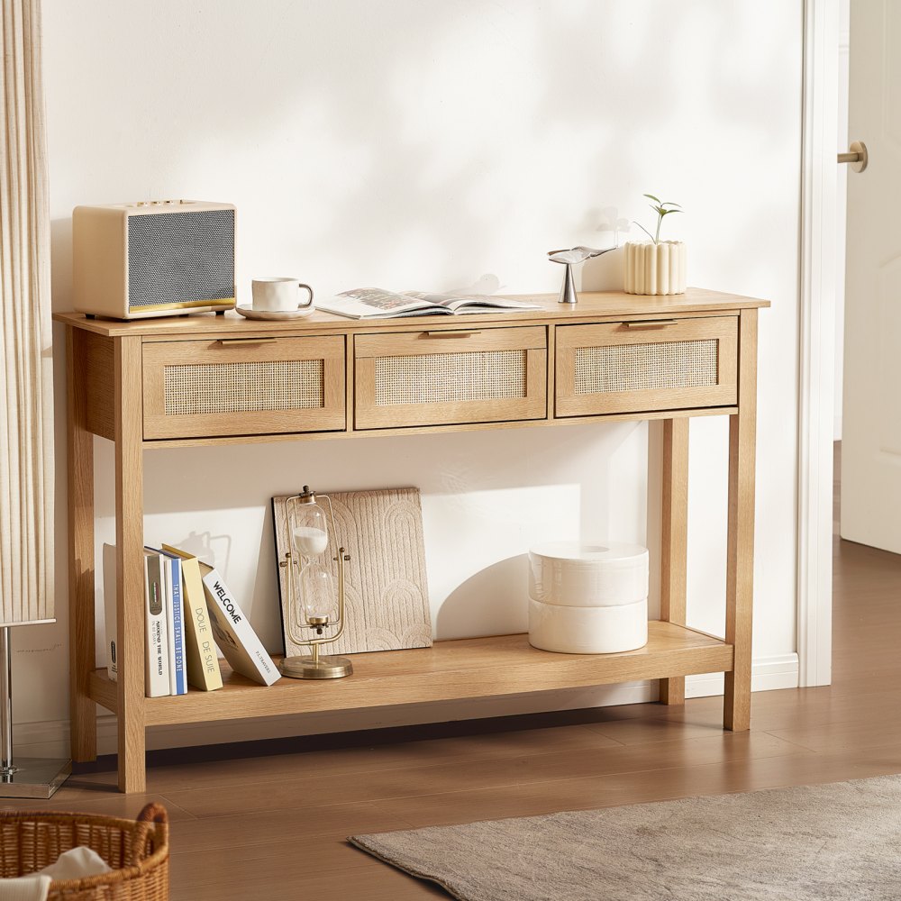 VEVOR Rattan Console Table with 3 Storage Drawers, Rattan Entryway Table with Natural Rattan Sliding Door, Console Sofa Table for Living Room, Study, Entryway Or TV Wall, Natural