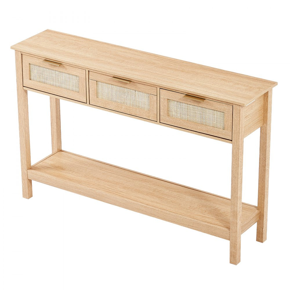 VEVOR Rattan Console Table with 3 Storage Drawers, Rattan Entryway Table with Natural Rattan Sliding Door, Console Sofa Table for Living Room, Study, Entryway Or TV Wall, Natural