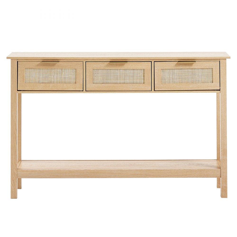VEVOR Rattan Console Table with 3 Storage Drawers, Rattan Entryway Table with Natural Rattan Sliding Door, Console Sofa Table for Living Room, Study, Entryway Or TV Wall, Natural