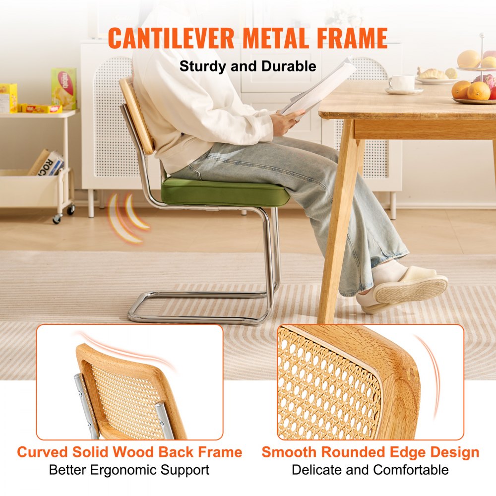 VEVOR Rattan Dining Chairs Set of 2, Mid Century Modern Dining Chair, Upholstered Velvet Accent Chair with Rattan Back, Retro Dining Room Kitchen Chair for Living Room, Bedroom, Office (18.1 Inch)