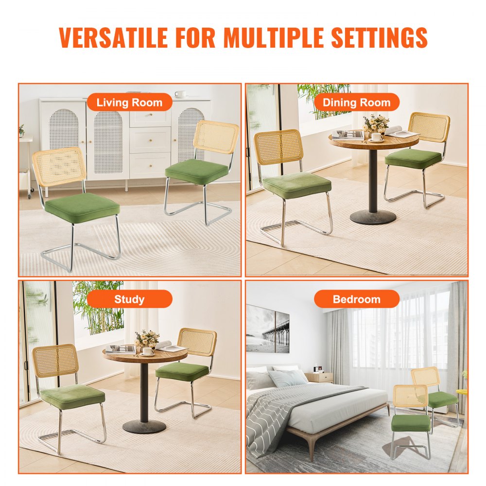 VEVOR Rattan Dining Chairs Set of 2, Mid Century Modern Dining Chair, Upholstered Velvet Accent Chair with Rattan Back, Retro Dining Room Kitchen Chair for Living Room, Bedroom, Office (18.1 Inch)