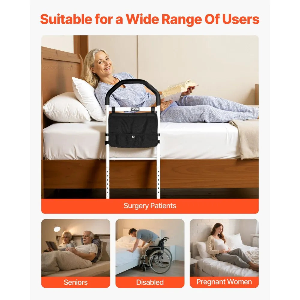VEVOR Bed Rail for Elderly, Bedside Assist Rails with Supporting Leg and PU Handrail, Adjustable Height Carbon Steel Pipe Bedside Cane, Bed Bars for Seniors & Patients, Fits King, Queen, Full, Twin