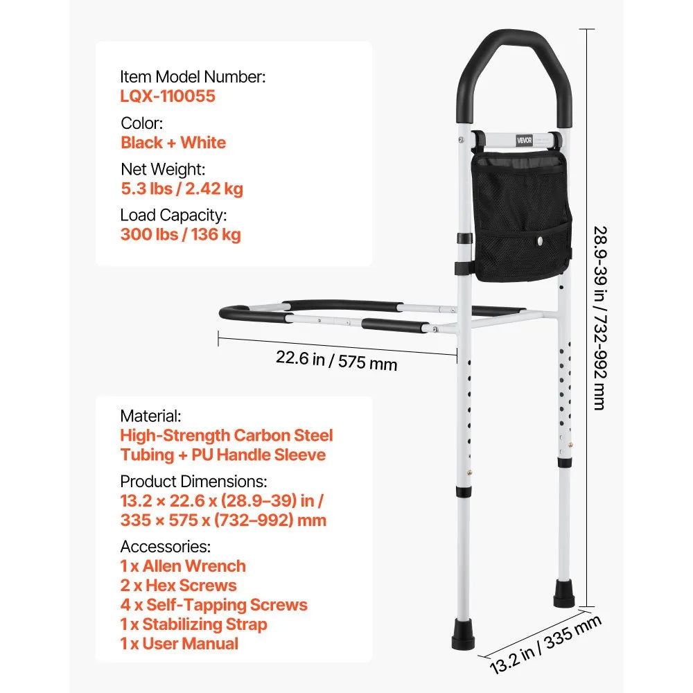 VEVOR Bed Rail for Elderly, Bedside Assist Rails with Supporting Leg and PU Handrail, Adjustable Height Carbon Steel Pipe Bedside Cane, Bed Bars for Seniors & Patients, Fits King, Queen, Full, Twin