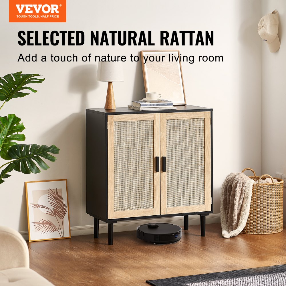 VEVOR Rattan Cabinet, Rattan Storage Cabinet with 2 Magnetic Doors and Adjustable Shelves, Sideboard Buffet Cabinet for Hallway, Entryway, Living Room, or Kitchen, Black