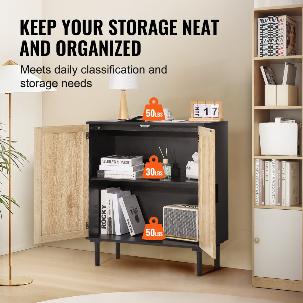VEVOR Rattan Cabinet, Rattan Storage Cabinet with 2 Magnetic Doors and Adjustable Shelves, Sideboard Buffet Cabinet for Hallway, Entryway, Living Room, or Kitchen, Black