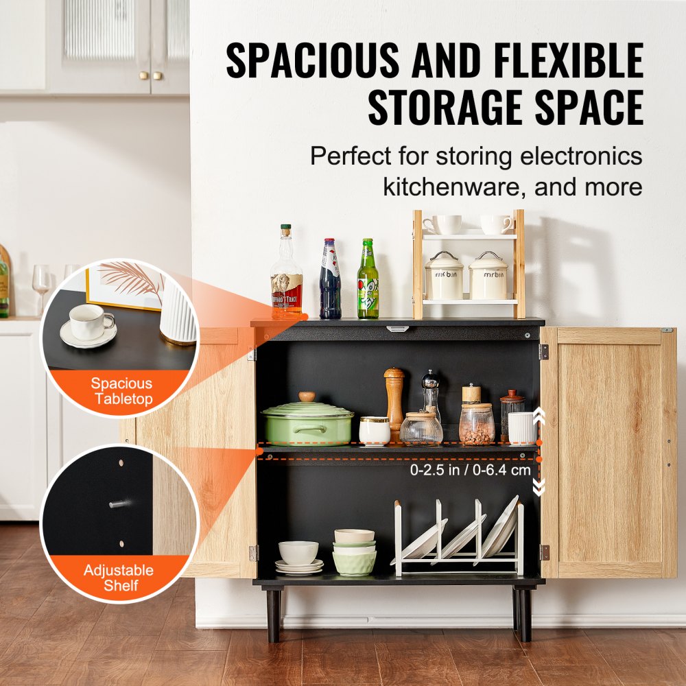 VEVOR Rattan Cabinet, Rattan Storage Cabinet with 2 Magnetic Doors and Adjustable Shelves, Sideboard Buffet Cabinet for Hallway, Entryway, Living Room, or Kitchen, Black