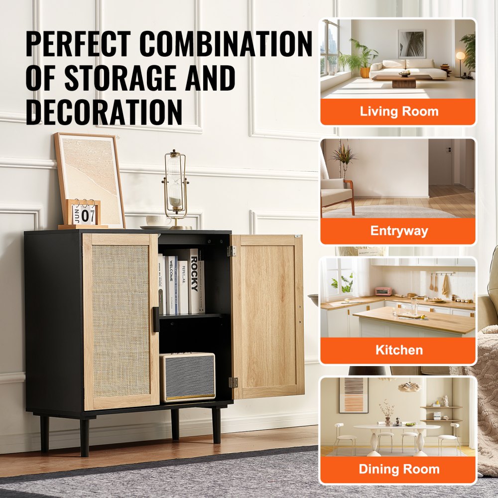 VEVOR Rattan Cabinet, Rattan Storage Cabinet with 2 Magnetic Doors and Adjustable Shelves, Sideboard Buffet Cabinet for Hallway, Entryway, Living Room, or Kitchen, Black