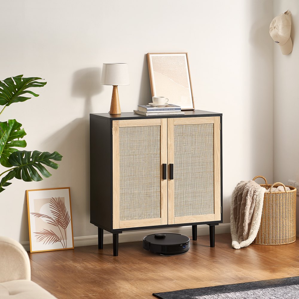 VEVOR Rattan Cabinet, Rattan Storage Cabinet with 2 Magnetic Doors and Adjustable Shelves, Sideboard Buffet Cabinet for Hallway, Entryway, Living Room, or Kitchen, Black