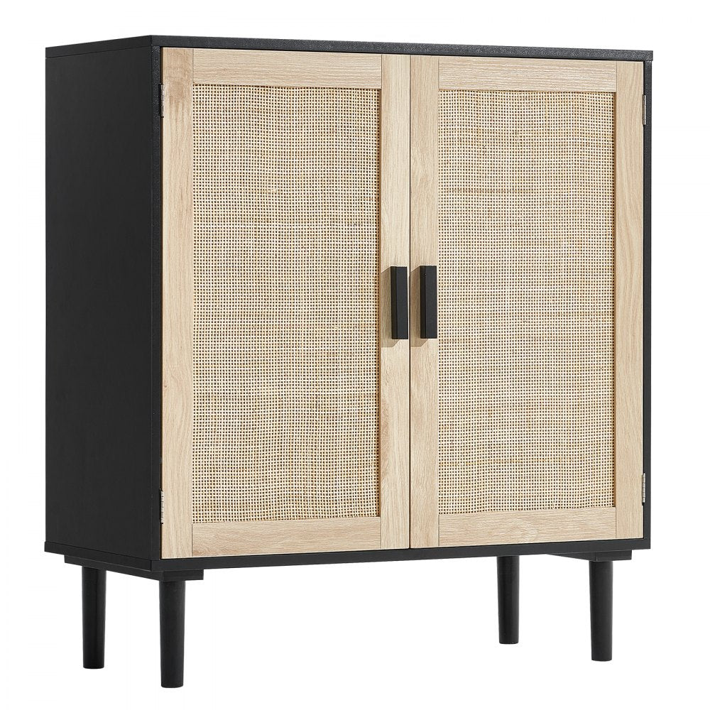 VEVOR Rattan Cabinet, Rattan Storage Cabinet with 2 Magnetic Doors and Adjustable Shelves, Sideboard Buffet Cabinet for Hallway, Entryway, Living Room, or Kitchen, Black