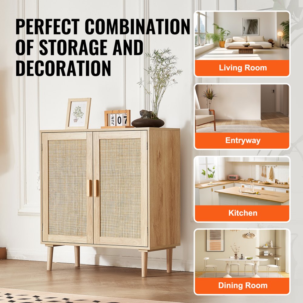 VEVOR Rattan Cabinet, Rattan Storage Cabinet with 2 Magnetic Doors and Adjustable Shelves, Sideboard Buffet Cabinet for Hallway, Entryway, Living Room, or Kitchen, Natural