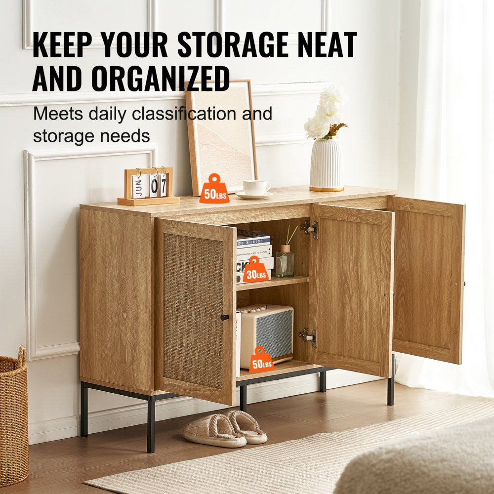 VEVOR Rattan Cabinet, Rattan Storage Cabinet with 3 Magnetic Doors and Adjustable Shelves, Sideboard Buffet Cabinet for Hallway, Entryway, Living Room, or Kitchen, Natural