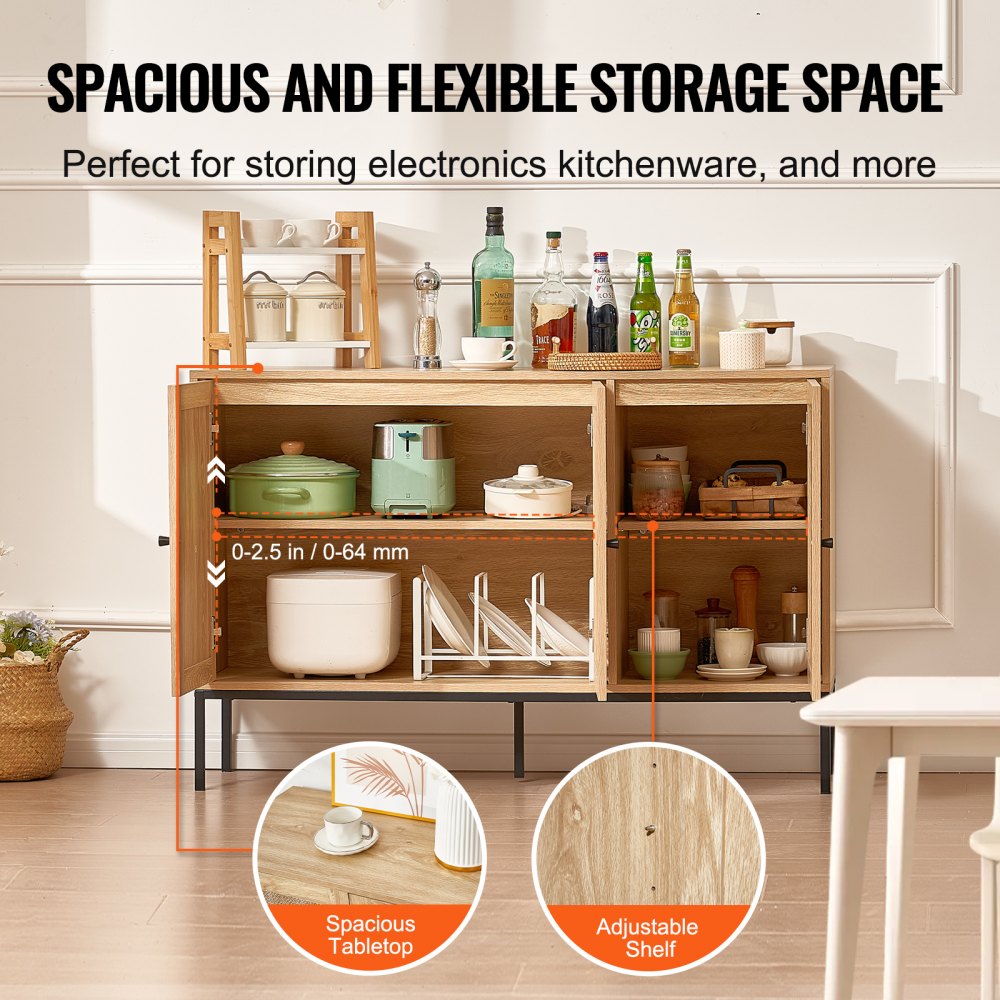 VEVOR Rattan Cabinet, Rattan Storage Cabinet with 3 Magnetic Doors and Adjustable Shelves, Sideboard Buffet Cabinet for Hallway, Entryway, Living Room, or Kitchen, Natural