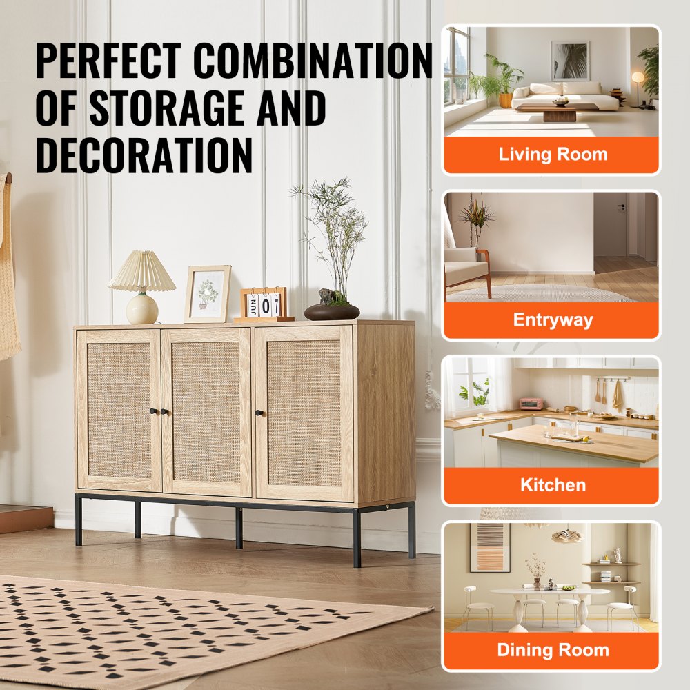 VEVOR Rattan Cabinet, Rattan Storage Cabinet with 3 Magnetic Doors and Adjustable Shelves, Sideboard Buffet Cabinet for Hallway, Entryway, Living Room, or Kitchen, Natural