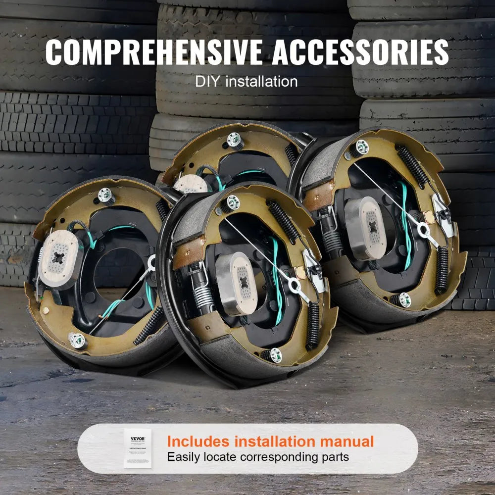 VEVOR Electric Trailer Brake Assembly, 10" x 2-1/4", 2 Pairs Self-Adjusting Electric Brakes Kit for 3500 lbs Axle, 4-Hole Mounting, Backing Plates for Brake System Part Replacement (2 Right + 2 Left)