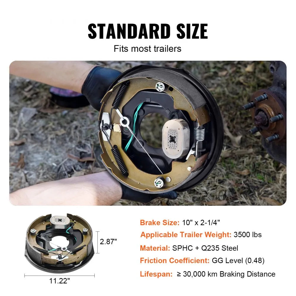 VEVOR Electric Trailer Brake Assembly, 10" x 2-1/4", 2 Pairs Self-Adjusting Electric Brakes Kit for 3500 lbs Axle, 4-Hole Mounting, Backing Plates for Brake System Part Replacement (2 Right + 2 Left)