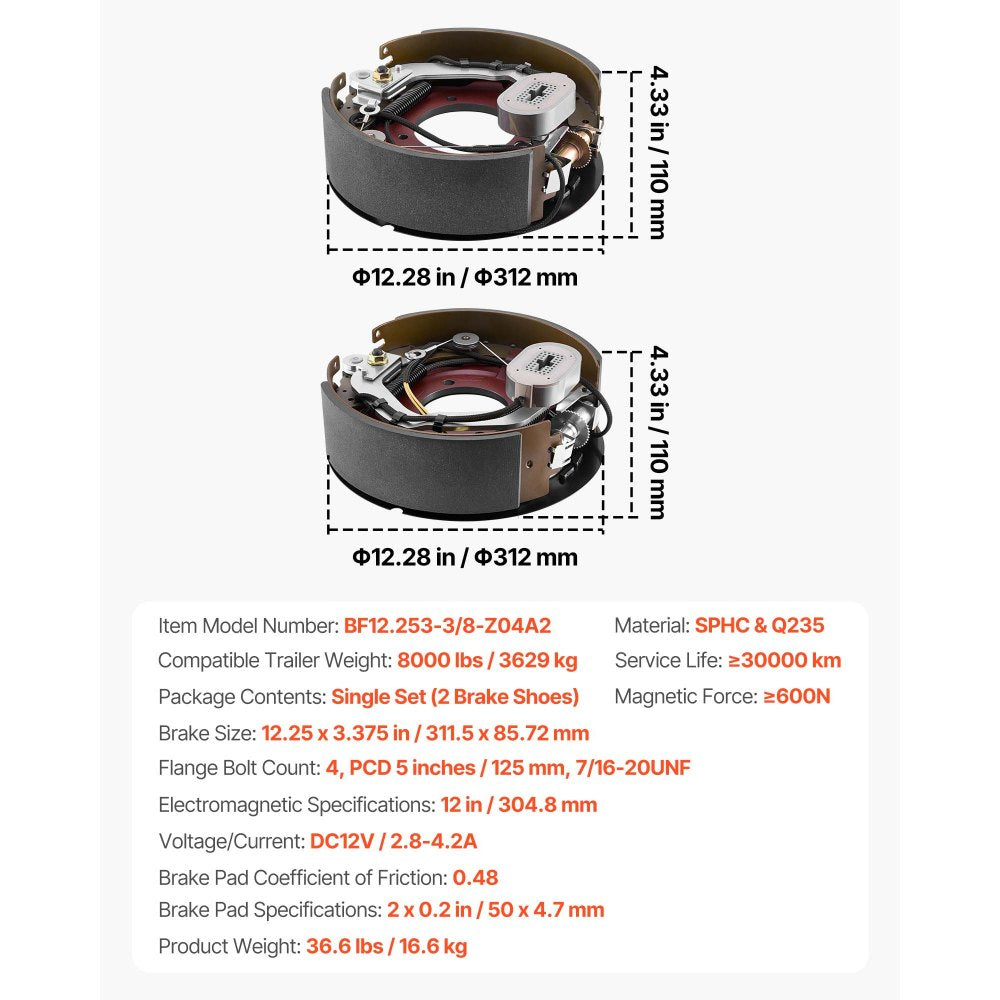 VEVOR Electric Trailer Brake Kit, 12.25 x 3.375 Inch, 1 Pair Self-Adjusting Electric Brakes Kit for 8000 lbs Trailer Axle, Backing Plates for Braking System Part Replacement, Fit for Trailers, RVs