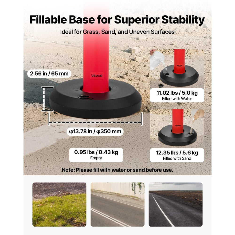 VEVOR 6 Pack Traffic Delineator Posts, 48 inches Traffic Safety Cones with Fillable Base and Reflective Strips, Heavy Duty Delineator Posts for Construction Site, Parking Lot, Crowd Control, Red