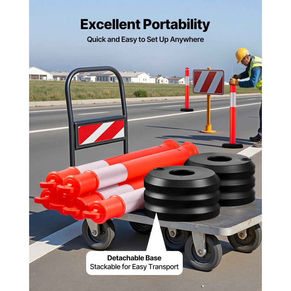 VEVOR 6 Pack Traffic Delineator Posts, 48 inches Traffic Safety Cones with Fillable Base and Reflective Strips, Heavy Duty Delineator Posts for Construction Site, Parking Lot, Crowd Control, Red