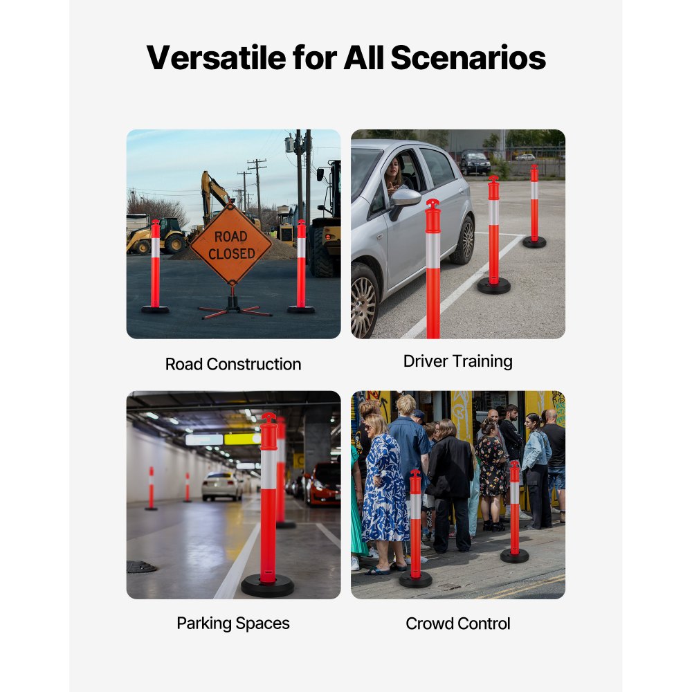 VEVOR 6 Pack Traffic Delineator Posts, 48 inches Traffic Safety Cones with Fillable Base and Reflective Strips, Heavy Duty Delineator Posts for Construction Site, Parking Lot, Crowd Control, Red