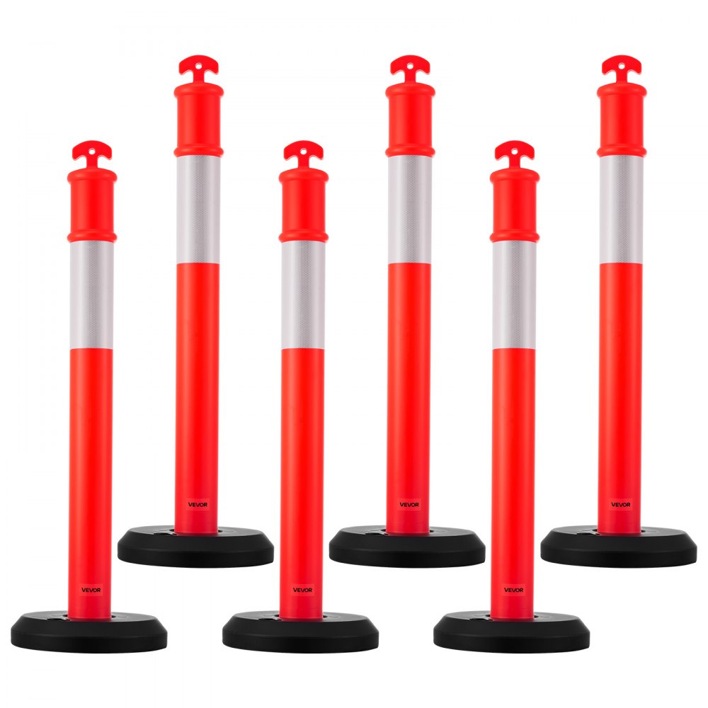 VEVOR 6 Pack Traffic Delineator Posts, 48 inches Traffic Safety Cones with Fillable Base and Reflective Strips, Heavy Duty Delineator Posts for Construction Site, Parking Lot, Crowd Control, Red