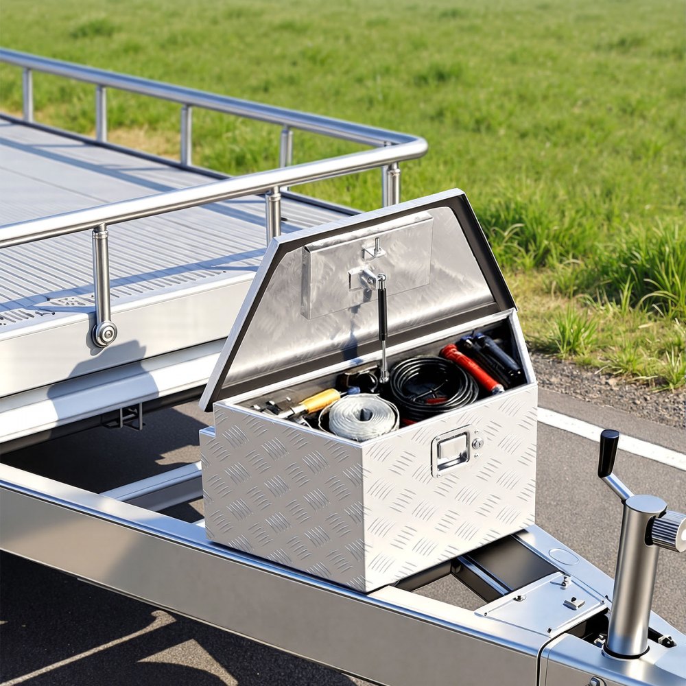 VEVOR Trailer Tongue Box, 26" x 13" x 12" Aluminum Trailer Tongue Tool Box, Heavy Duty Storage Organizer with Lock and Keys, Utility Tool Chest for Pickup Truck Bed, RV, SUV, Off-Road Vehicle, Silver