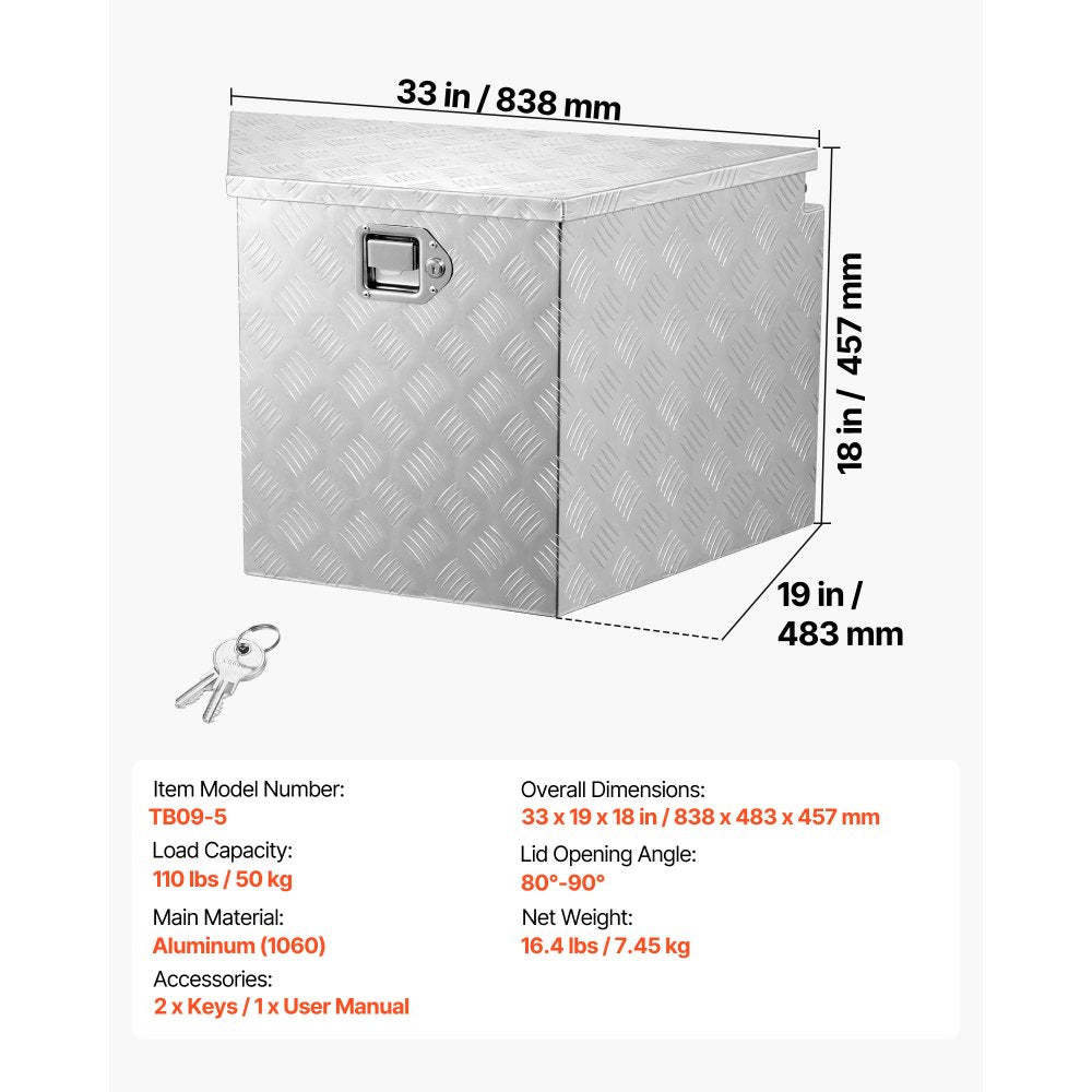 VEVOR Trailer Tongue Box, 33" x 19" x 18" Aluminum Trailer Tongue Tool Box, Heavy Duty Storage Organizer with Lock and Keys, Utility Tool Chest for Pickup Truck Bed, RV, SUV, Off-Road Vehicle, Silver
