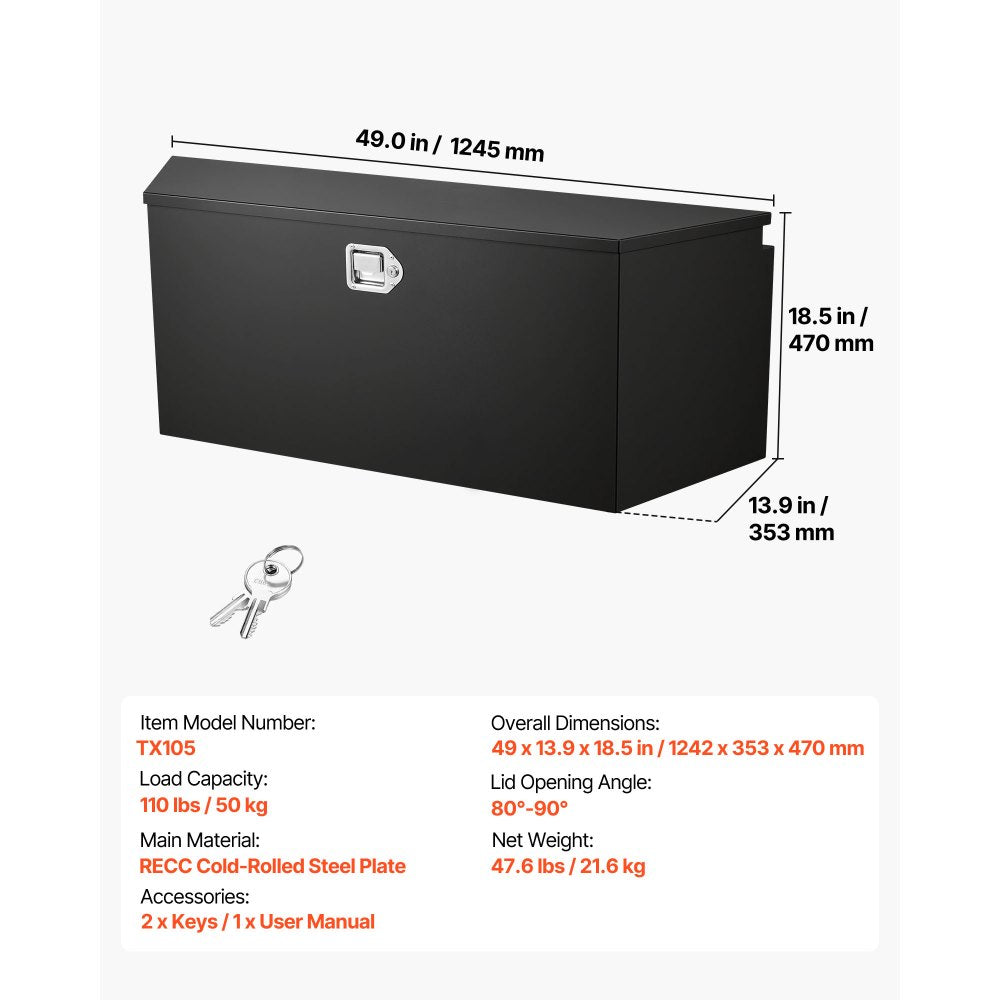VEVOR Trailer Tongue Box, 49" x 13.9" x 18.5" Steel Trailer Tongue Tool Box, Heavy Duty Storage Organizer with Lock and Keys, Utility Tool Chest for Pickup Truck Bed, RV, SUV, Off-Road Vehicle, Black
