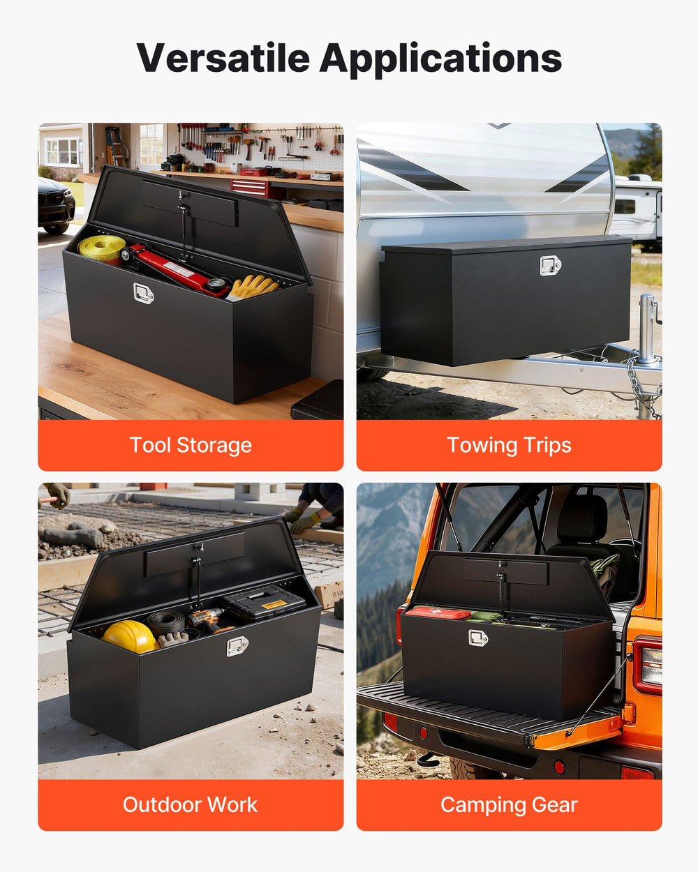 VEVOR Trailer Tongue Box, 49" x 13.9" x 18.5" Steel Trailer Tongue Tool Box, Heavy Duty Storage Organizer with Lock and Keys, Utility Tool Chest for Pickup Truck Bed, RV, SUV, Off-Road Vehicle, Black