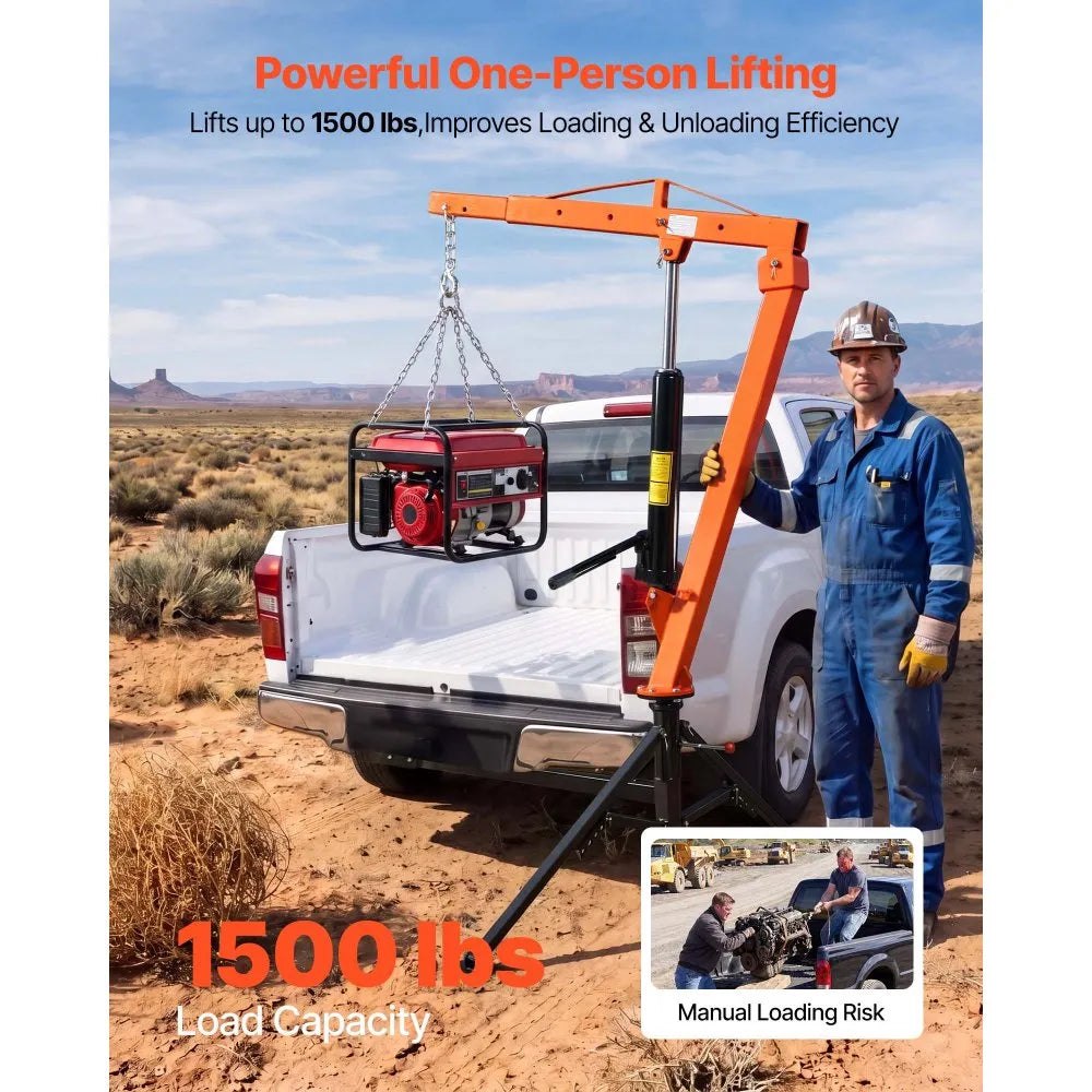 VEVOR Truck Crane, 1500 lbs Pickup Hitch Crane Trailer Hitch Mounted, Manual Hydraulic with 12T Hydraulic Jack, 360° Swivel Telescopic Boom, Foldable Truck Bed Jib for Machine Lumber Equipment Lifting