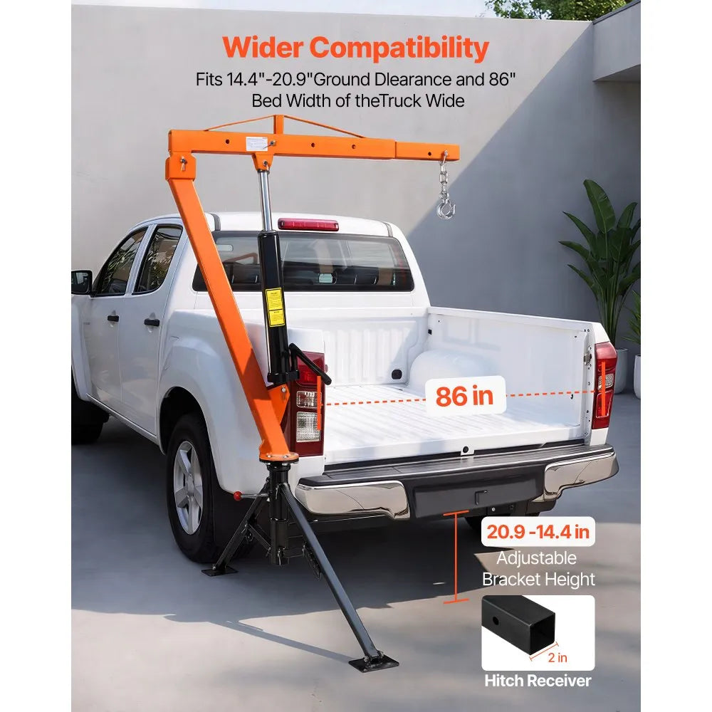 VEVOR Truck Crane, 1500 lbs Pickup Hitch Crane Trailer Hitch Mounted, Manual Hydraulic with 12T Hydraulic Jack, 360° Swivel Telescopic Boom, Foldable Truck Bed Jib for Machine Lumber Equipment Lifting