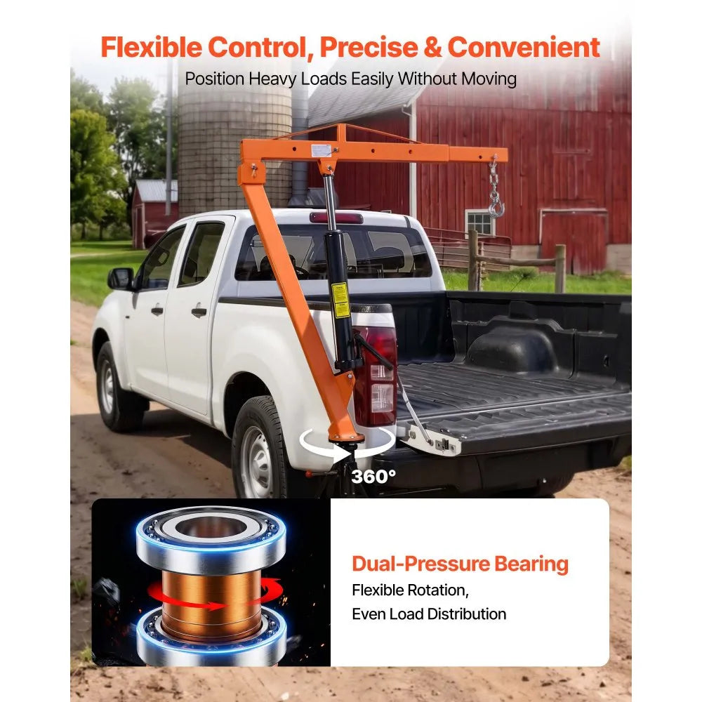 VEVOR Truck Crane, 1500 lbs Pickup Hitch Crane Trailer Hitch Mounted, Manual Hydraulic with 12T Hydraulic Jack, 360° Swivel Telescopic Boom, Foldable Truck Bed Jib for Machine Lumber Equipment Lifting